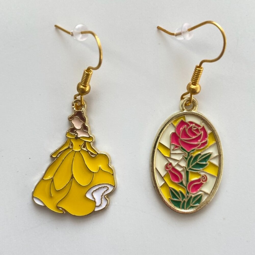 Handmade Disney Belle GOLD PLATED STAINLESS STEEL Earrings Beauty & the Beast